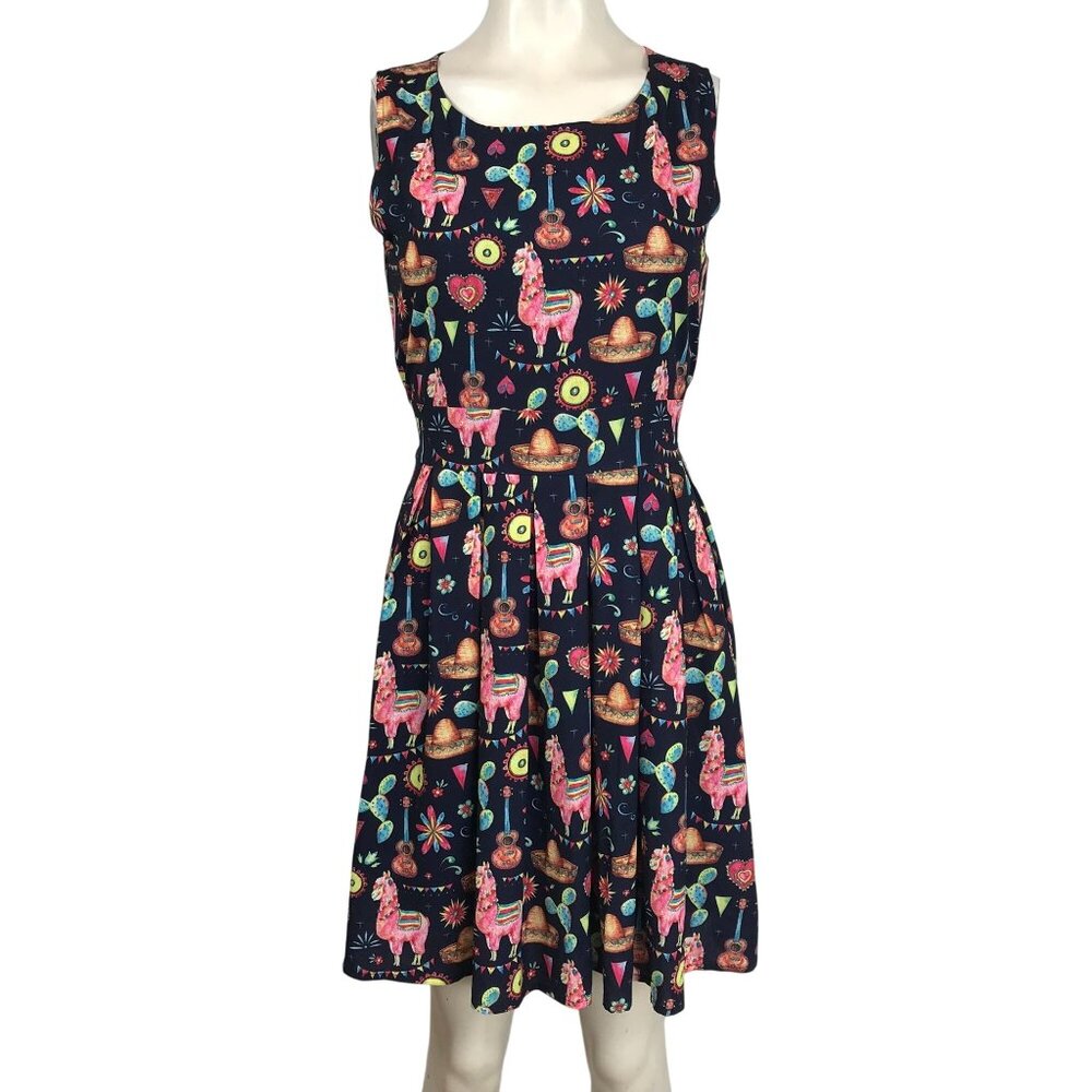 DOLLZ & DAMES- WOMEN SMALL ~ NAVY WESTERN LLAMA CACTUS PLEATED RETRO DRESS
